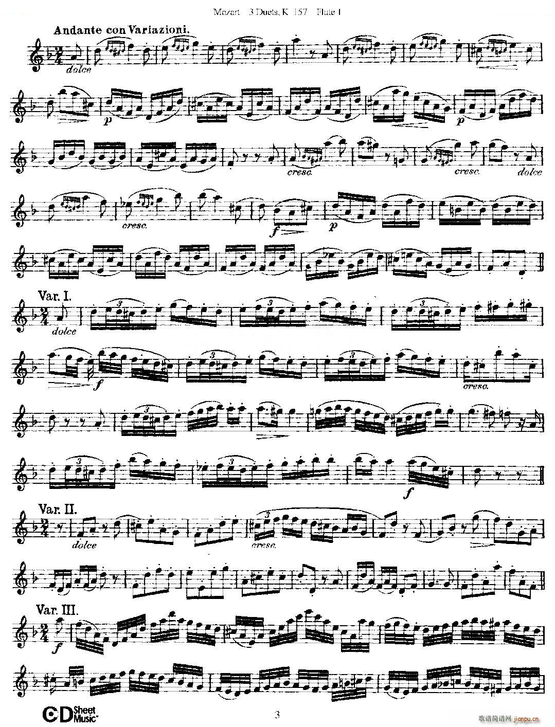 3 Duets K 157 之第一长笛 二重奏三首 K157号 铜管(笛箫谱)3
