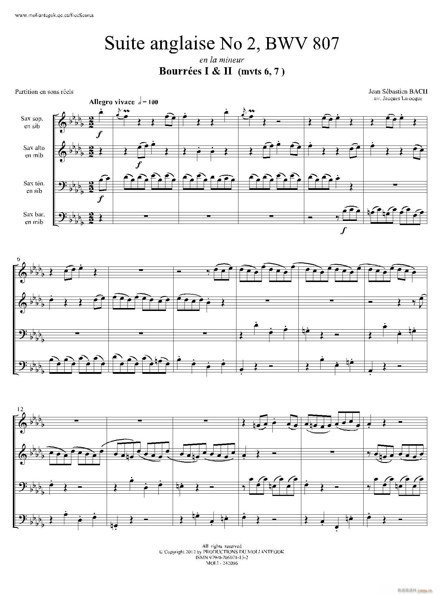 Suite anglaise No 2 BWV 807 法国组曲之二 布列舞曲 四重奏(总谱)1