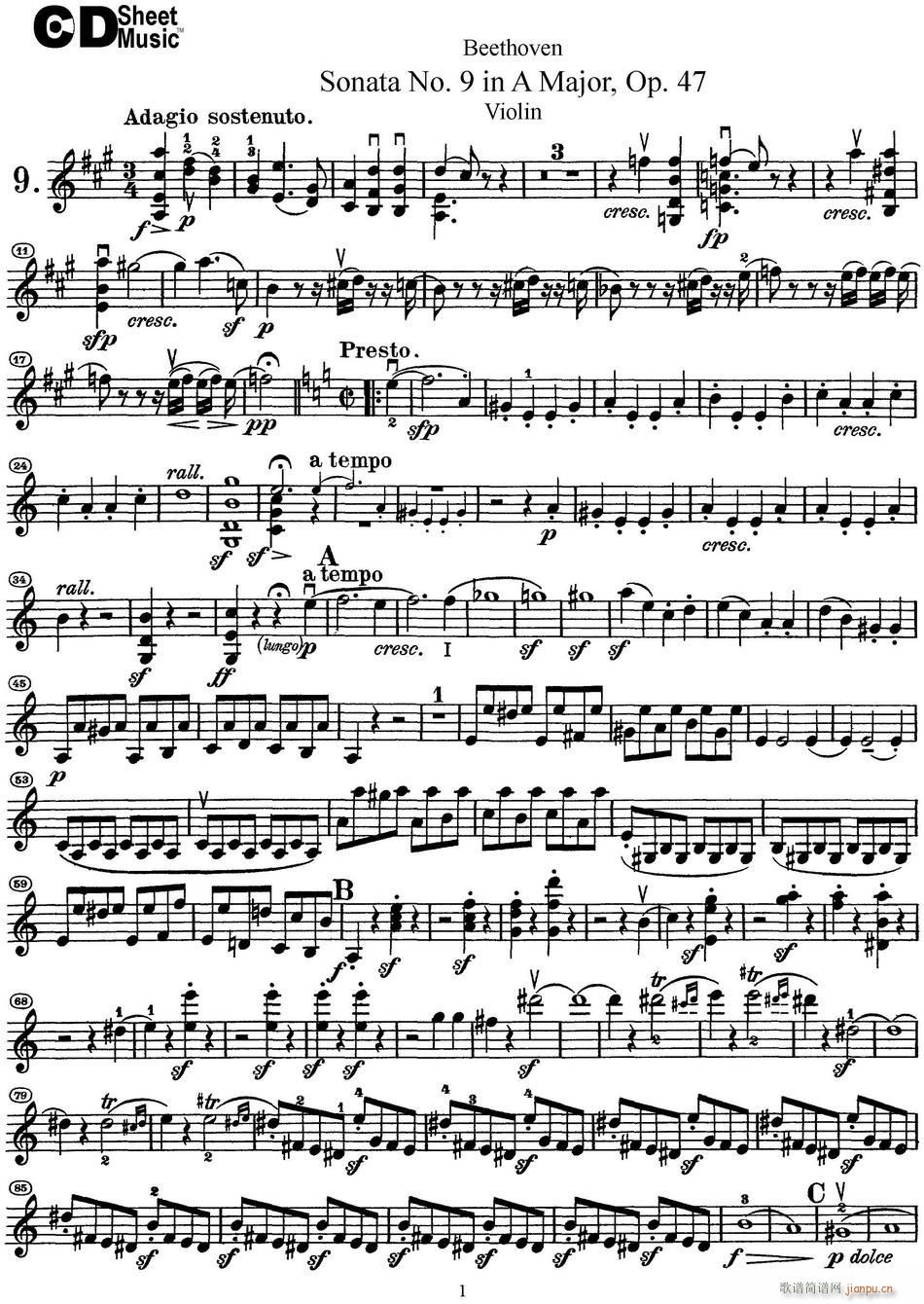 Violin Sonata No 9 in A Major Op 47(小提琴谱)1