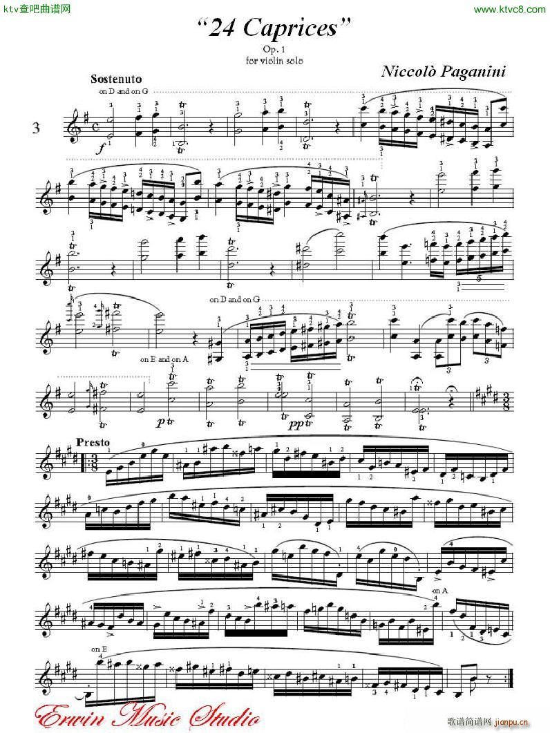 帕格尼尼 24首随想曲 作品 1 小提琴No 3(小提琴谱)1