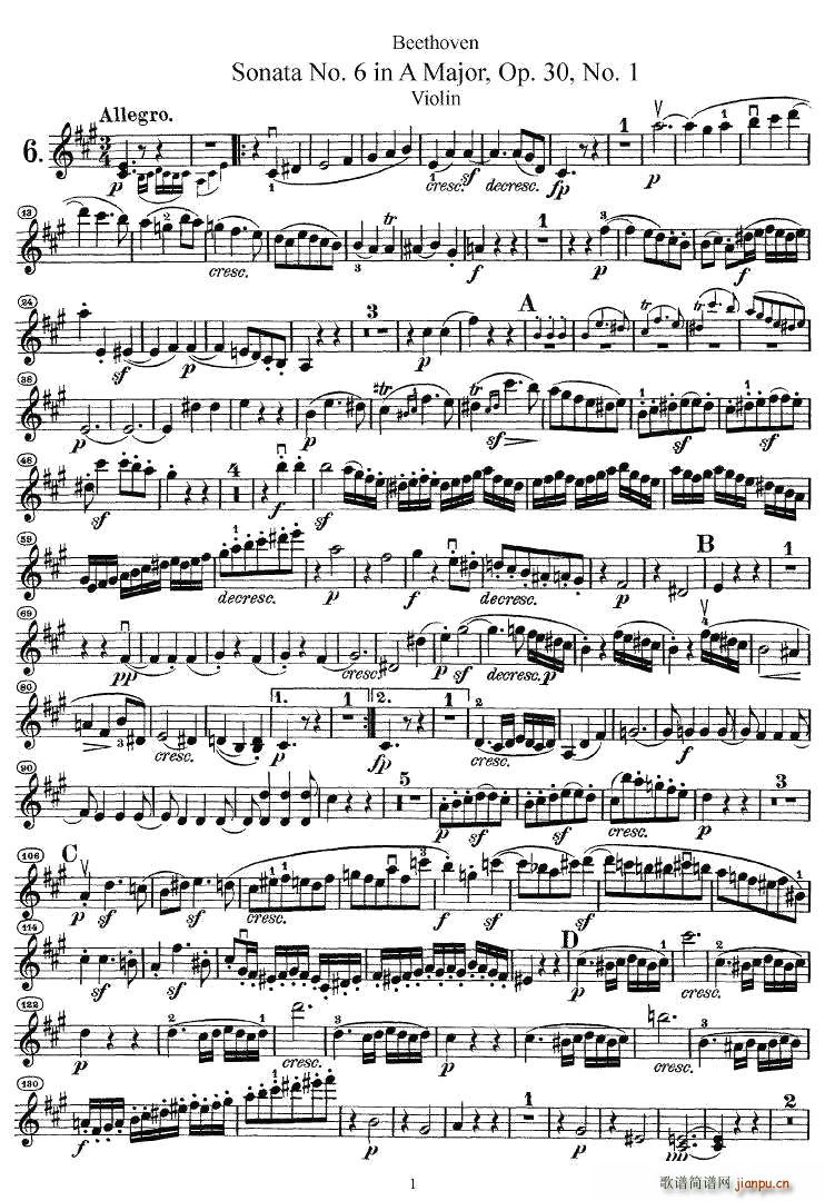 Sonata No.6 in A Major，Op.30，No.1(小提琴谱)1