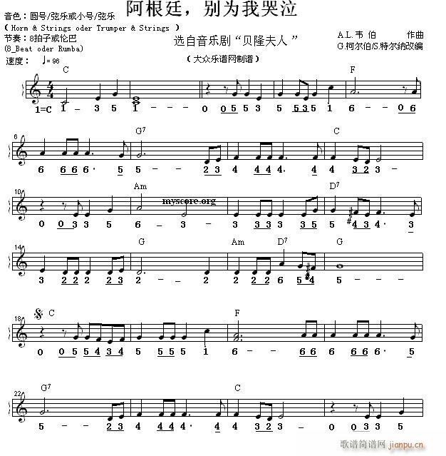 世界名曲双谱式 阿根廷 别为我哭泣(电子琴谱)1