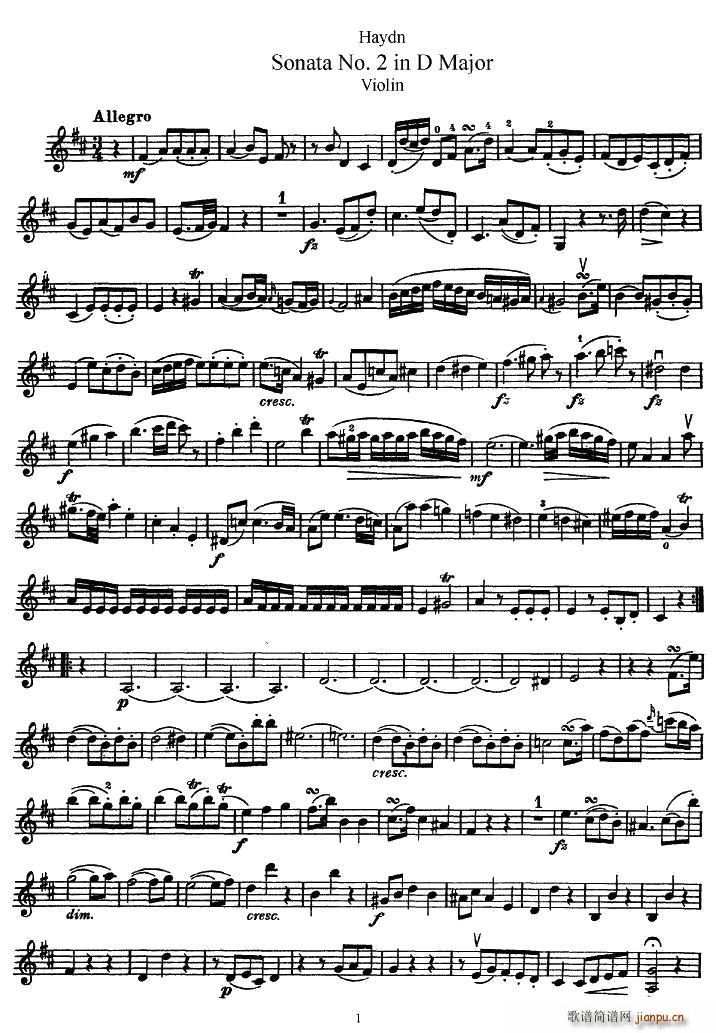 海顿D大调第二小提琴奏鸣曲(小提琴谱)1