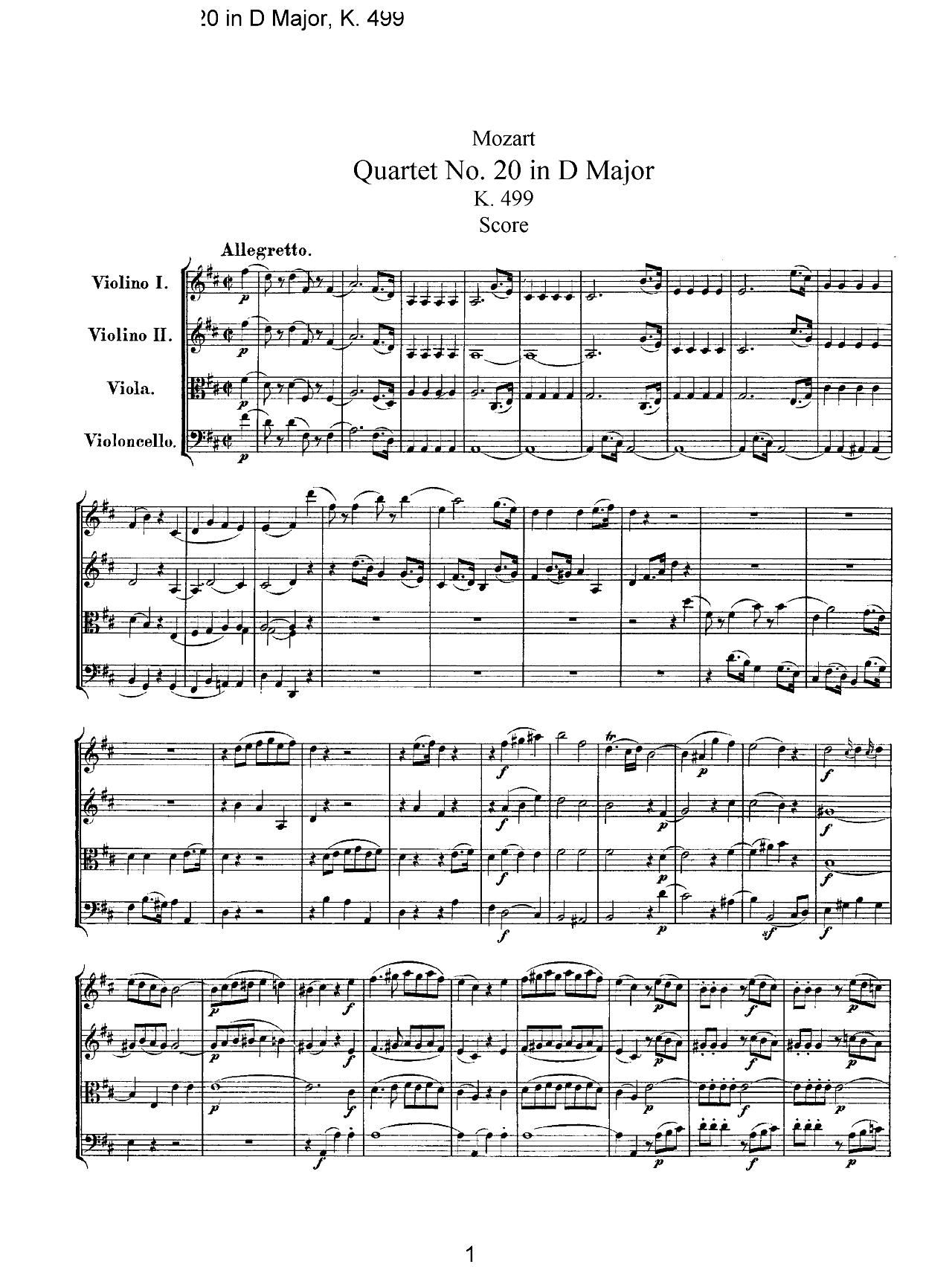 Mozart Quartet No 20 in D Major K 499(总谱)1