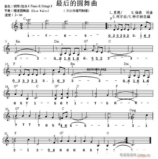 世界名曲双谱式 最后的圆舞曲(电子琴谱)1