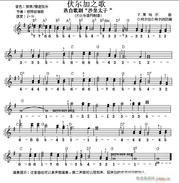 世界名曲双谱式 伏尔加之歌 F 莱哈尔曲(电子琴谱)1