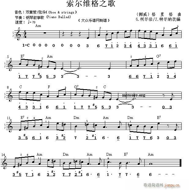 世界名曲双谱式 索尔维格之歌 格里格之歌(电子琴谱)1