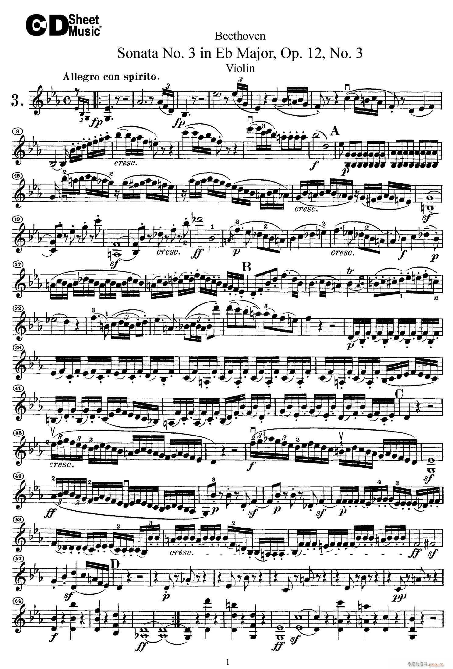 A大调第二小提琴奏鸣曲 Sonata No 2 in A Major Op 12 No 2(小提琴谱)1