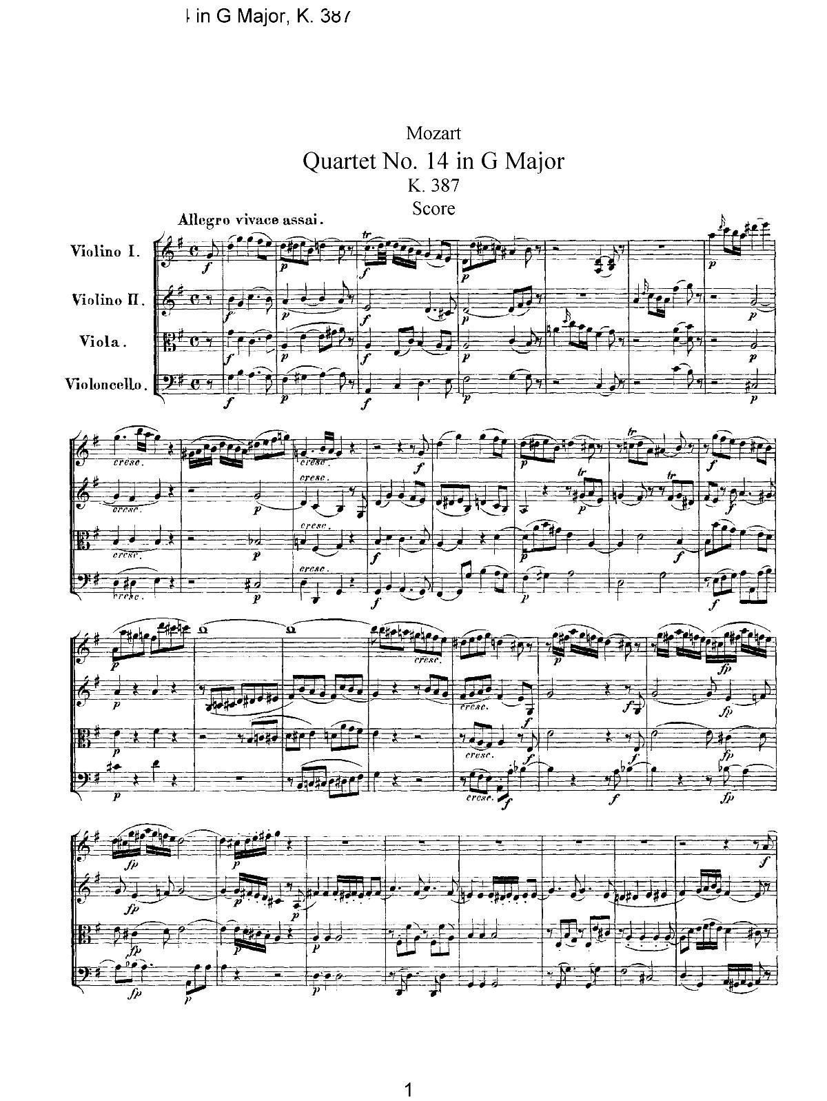 Mozart Quartet No 14 in G Major K 387(總譜)1