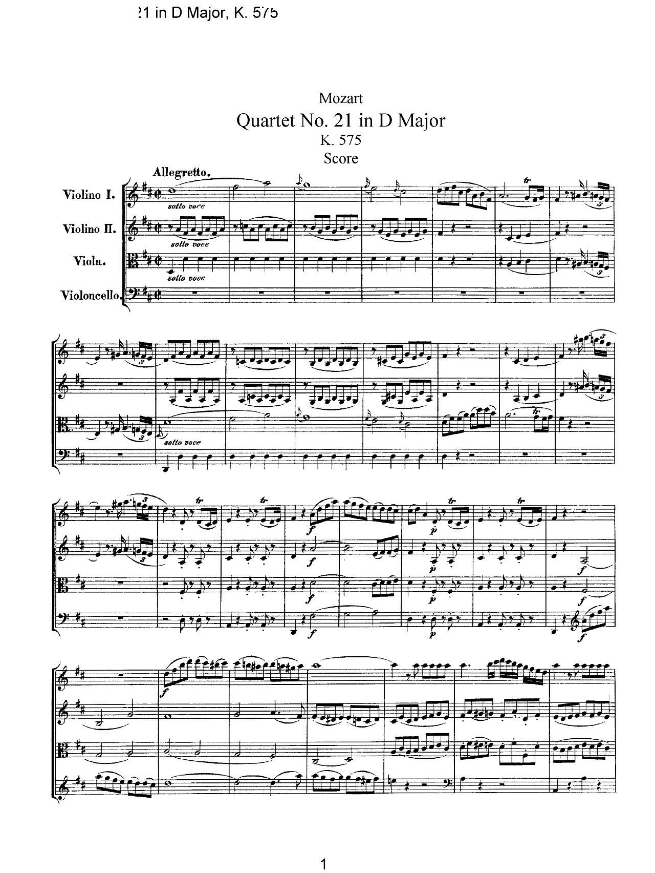 Mozart Quartet No 21 in D Major K 575(總譜)1