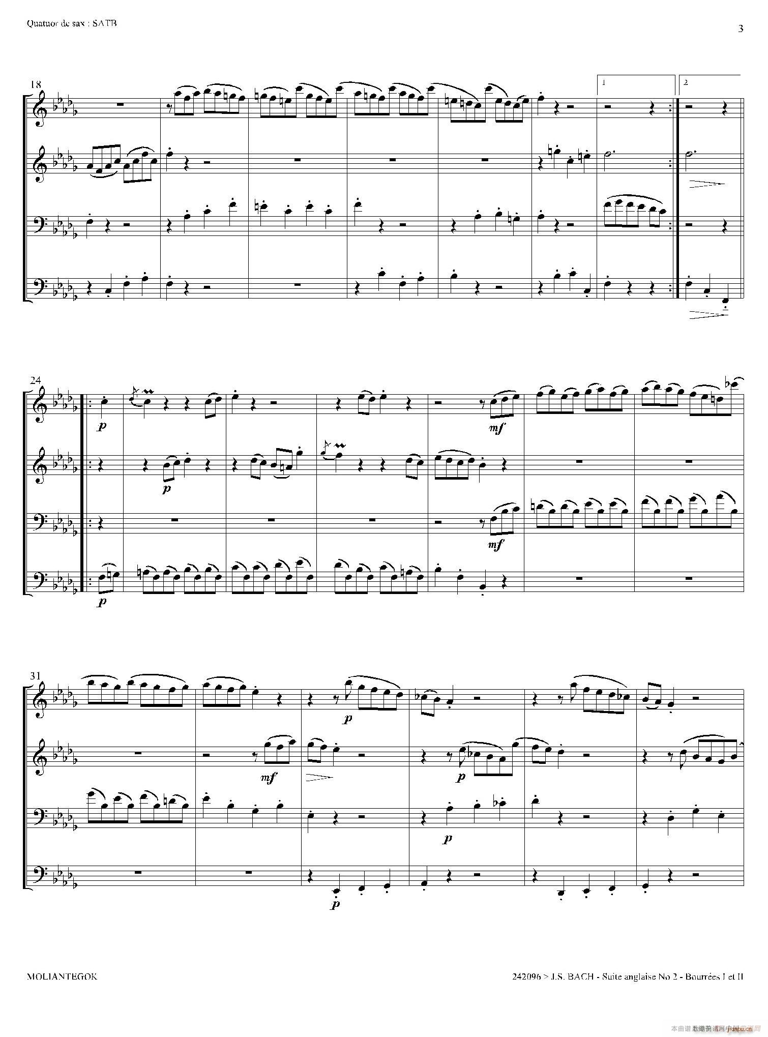 Suite anglaise No 2 BWV 807 法国组曲之二 布列舞曲 四重奏 2