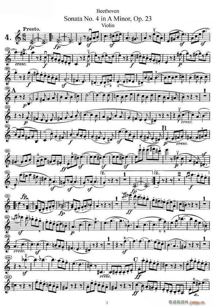 贝多芬第四号小提琴奏鸣曲a小调op.23(小提琴谱)1