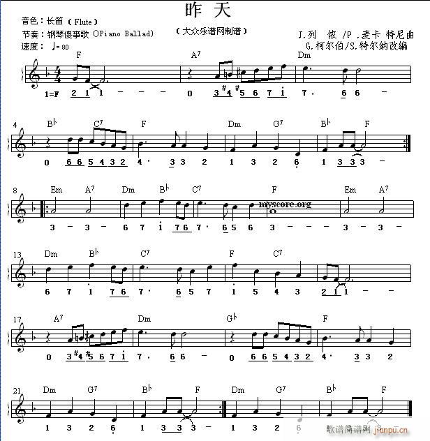 世界名曲双谱式 昨日(电子琴谱)1