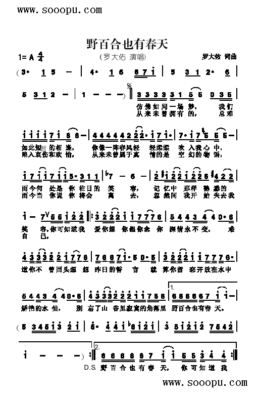 野百合也有春天歌曲类简谱(其他乐谱)1