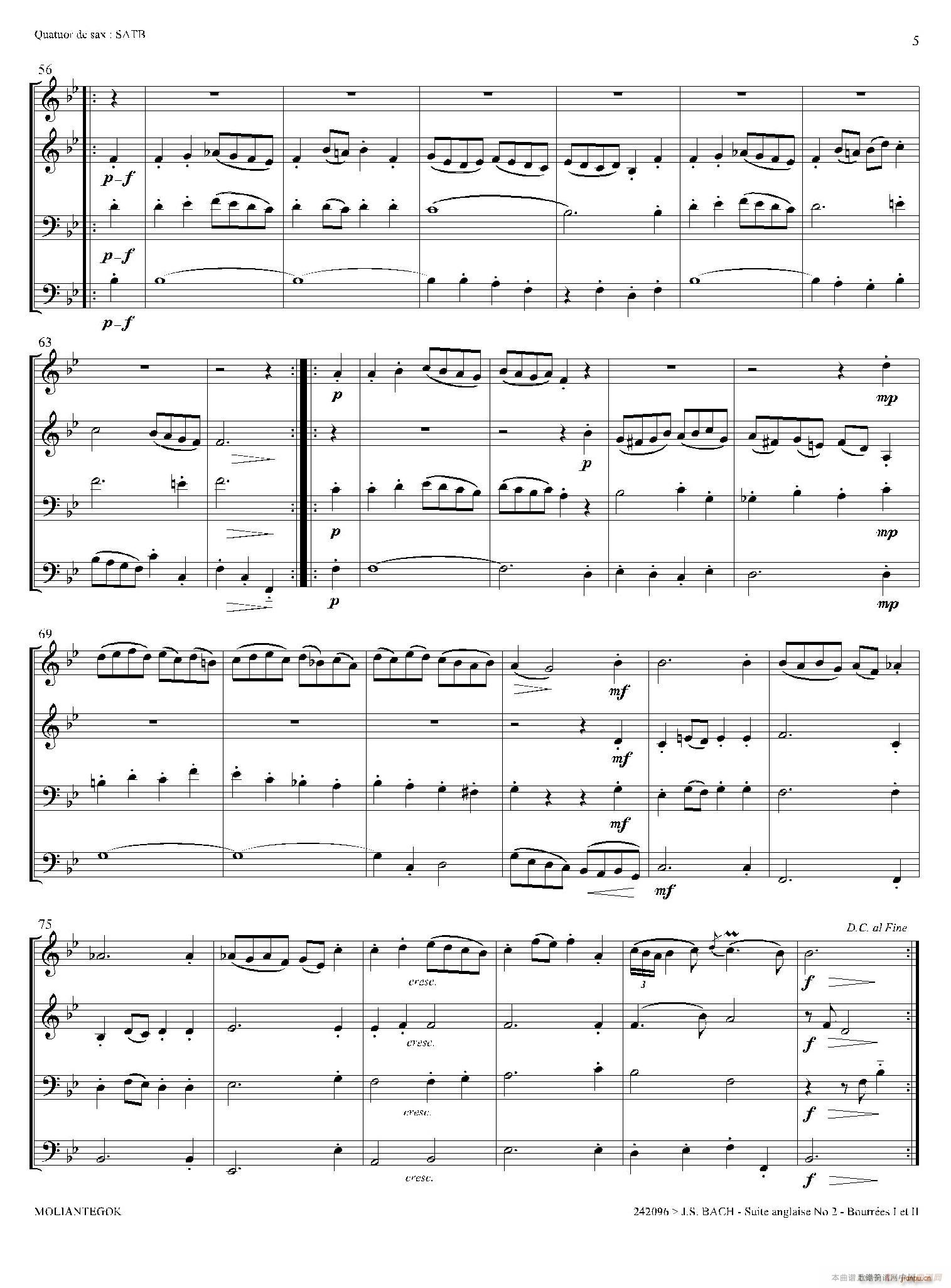 Suite anglaise No 2 BWV 807 法国组曲之二 布列舞曲 四重奏 4