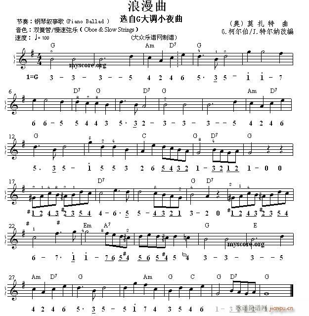 世界名曲双谱式 浪漫曲 莫扎特曲(电子琴谱)1