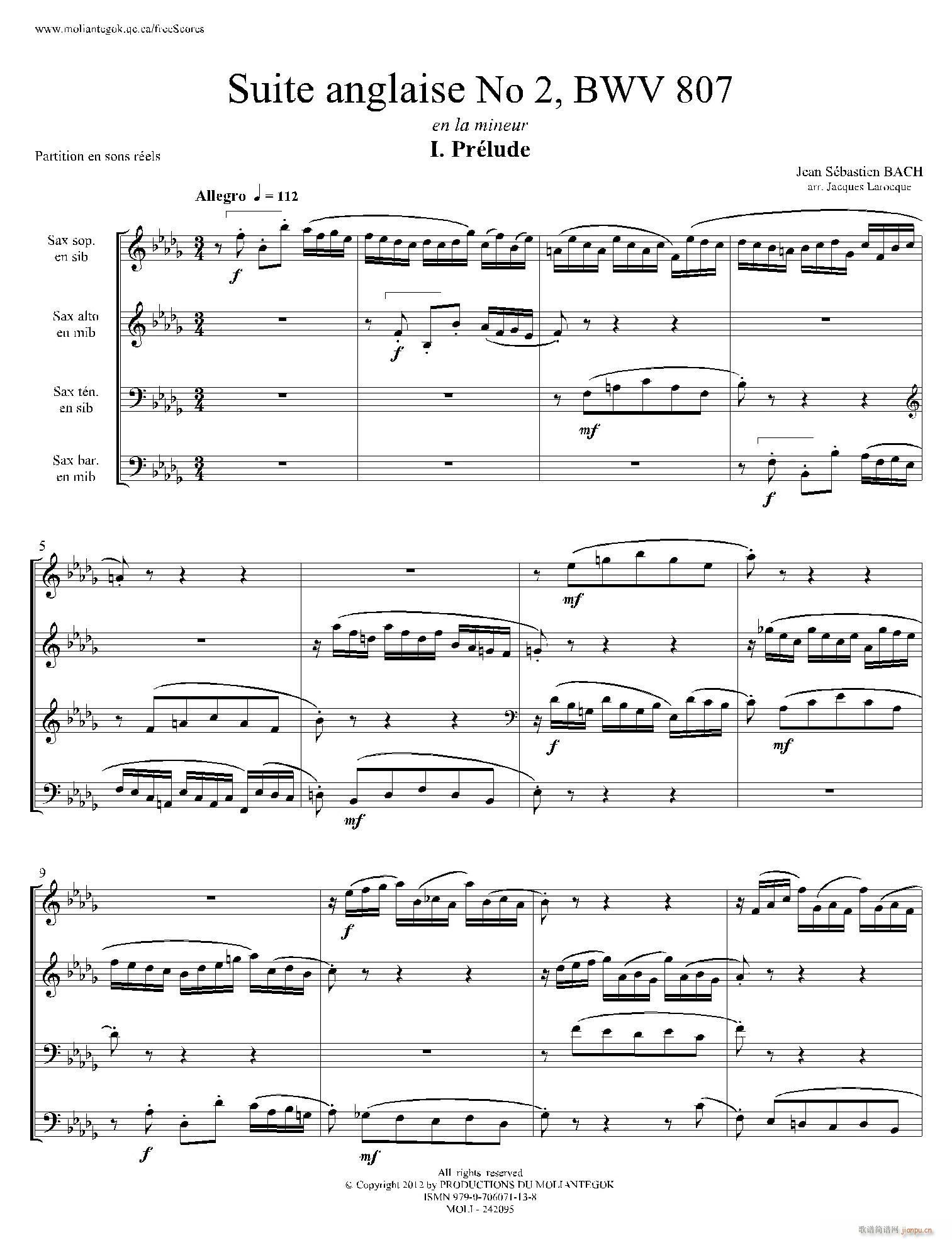 Suite anglaise No 2 BWV 807 法国组曲之二 前奏曲 四重奏(总谱)1