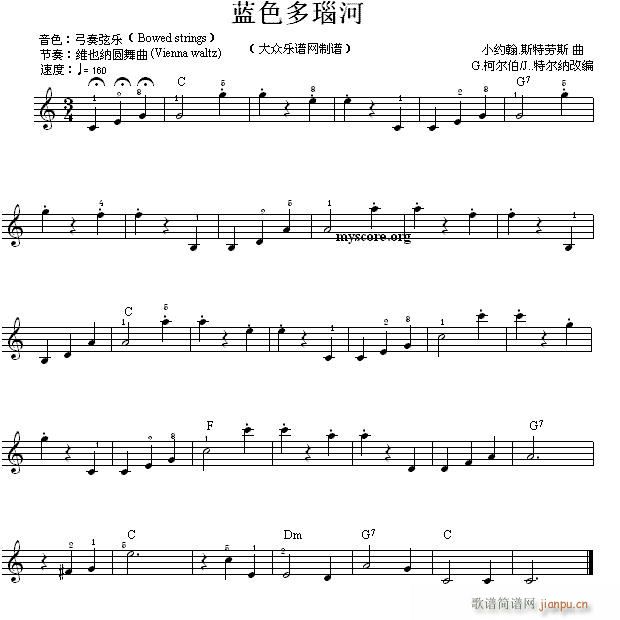 世界名曲双谱式琴谱 蓝色多瑙河 小斯特劳斯曲(电子琴谱)1