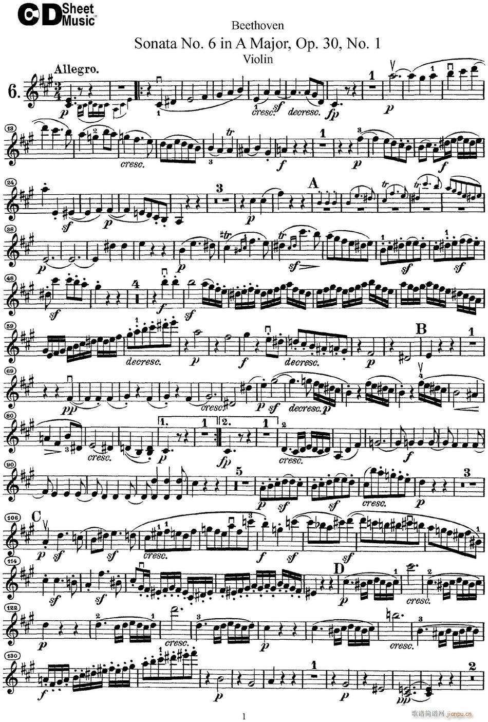 Violin Sonata No 6 in A Major Op 30 No 1(小提琴谱)1
