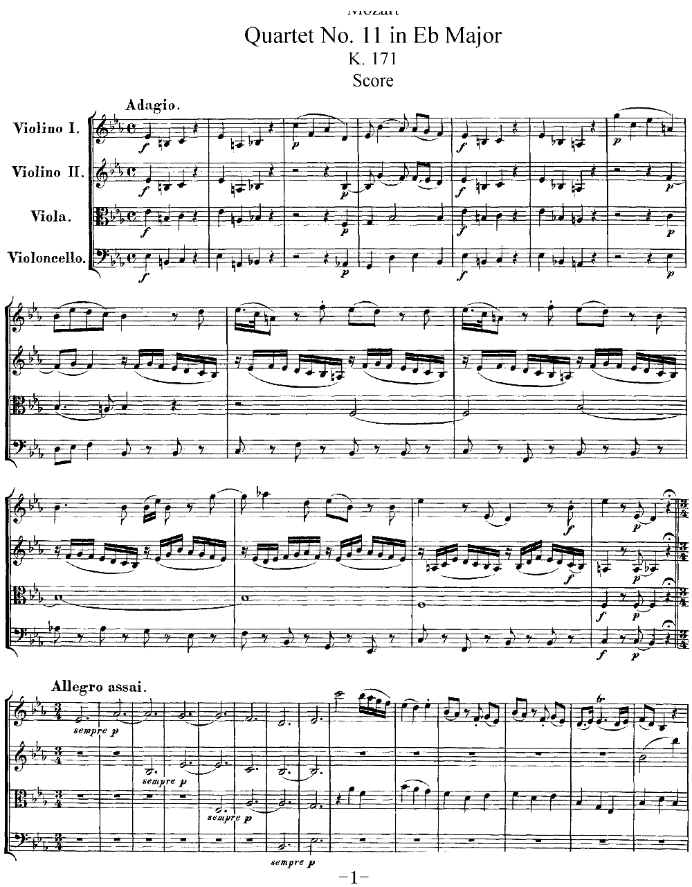 Mozart Quartet No 11 in Eb Major K 171(总谱)1